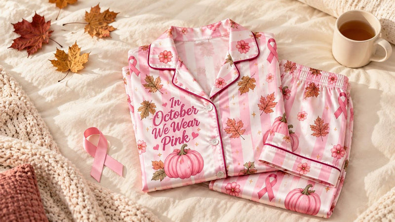 Pink satin pajama set with "In October We Wear Pink" and a pink ribbon, folded on a bed with autumn leaves.