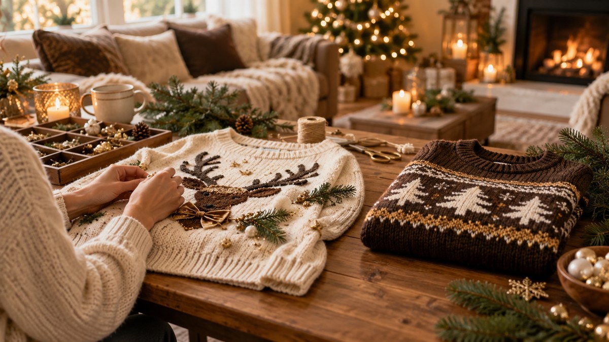 DIY holiday sweater project beside a finished knit Christmas sweater in a festive living room