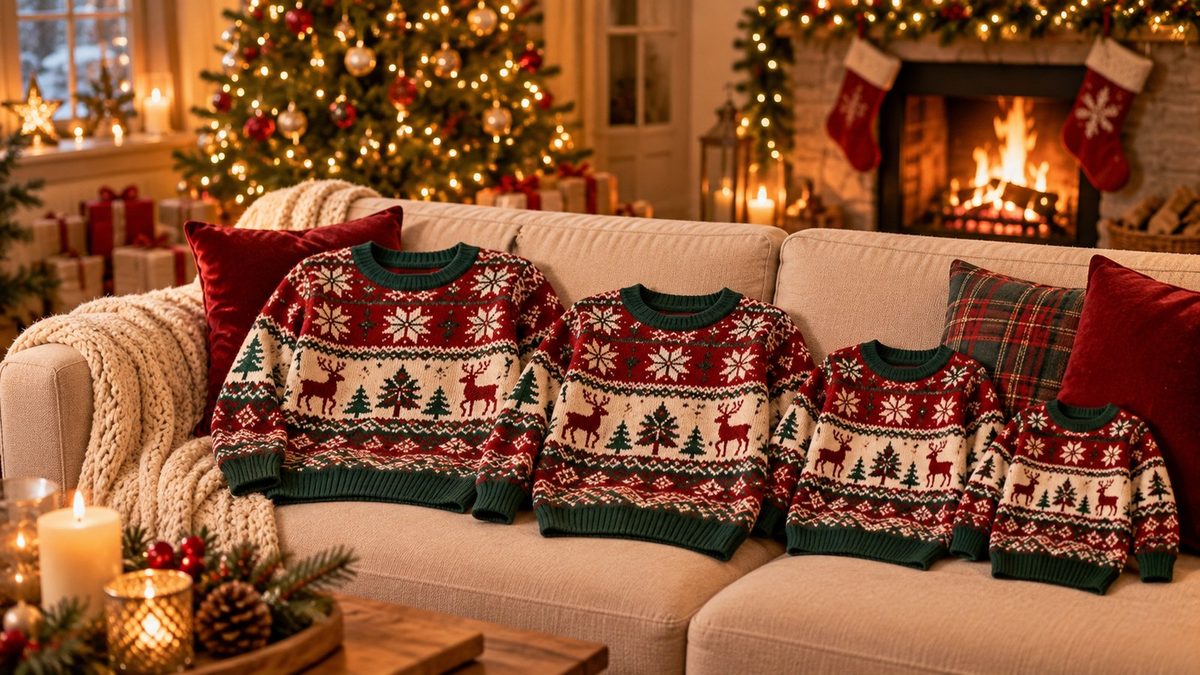 Matching red and green Christmas sweaters laid out on a sofa beside a decorated Christmas tree in a cozy living room