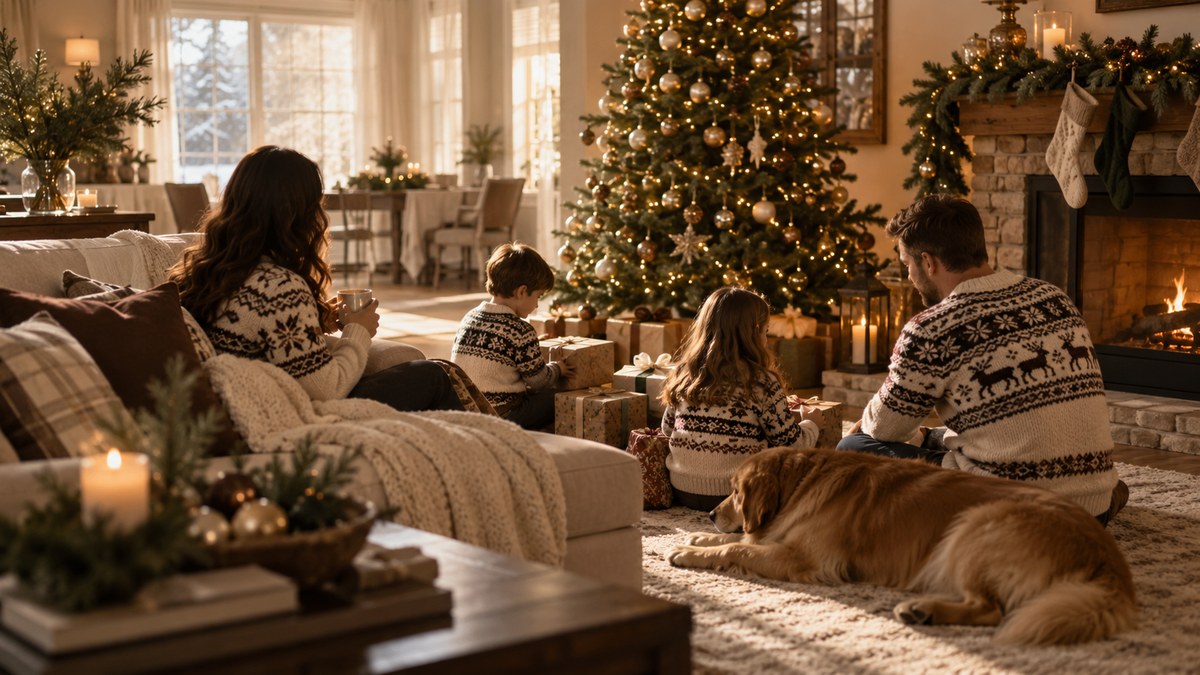 Family wearing coordinated Christmas knit sweaters together in a festive living room