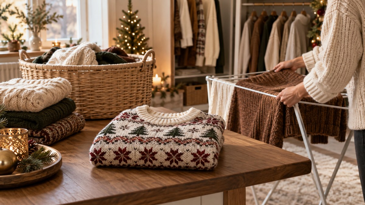 Folded jacquard-knit Christmas sweater beside laundry and storage items in a cozy holiday setting.
