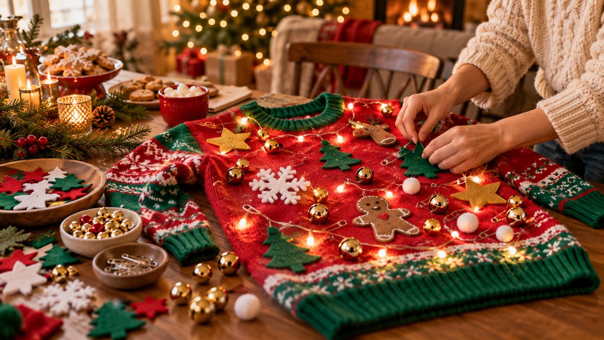 Red and green Christmas sweater decorated with pinned-on felt shapes, jingle bells and battery string lights at a festive party