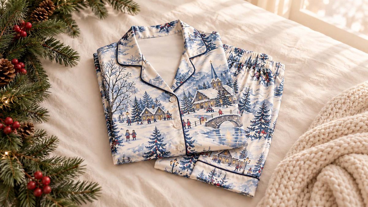 Blue and cream satin pajama set with a snowy winter village print, folded on a cream bed beside a pine garland.