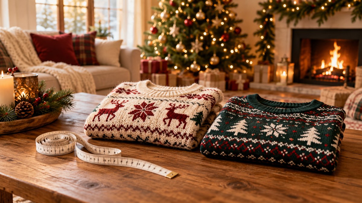 Soft measuring tape beside two folded Christmas sweaters on a wooden table in a cozy holiday living room
