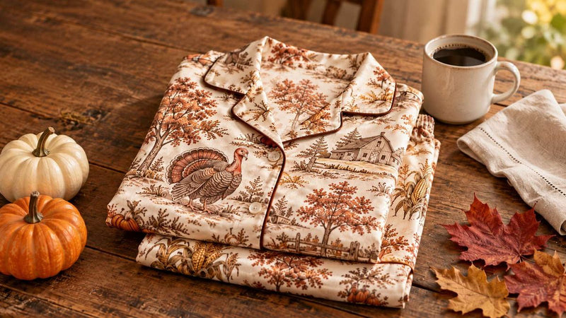 Cream satin pajama set with a toile print of turkeys, pumpkins and harvest barns, folded on a wooden table with autumn leaves.