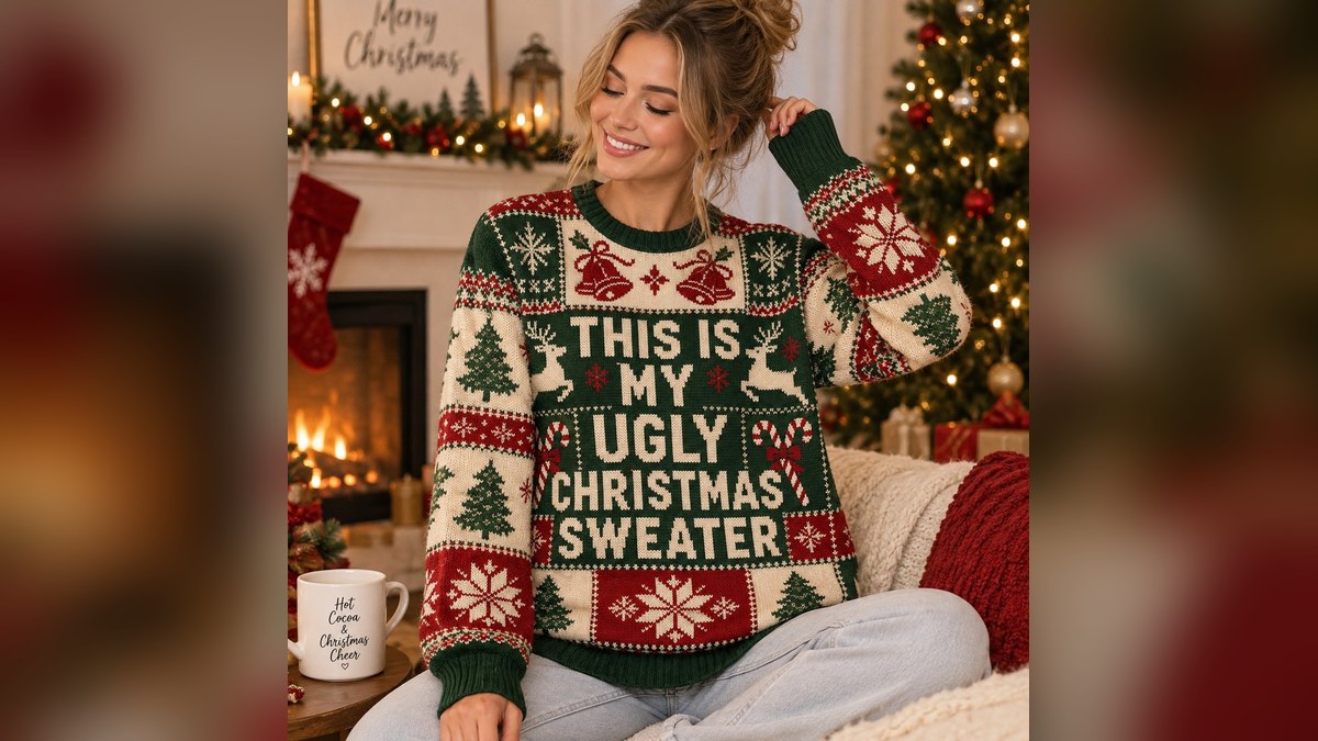 Woman wearing an all-over-print Christmas sweatshirt that reads This Is My Ugly Christmas Sweater, by a Christmas tree