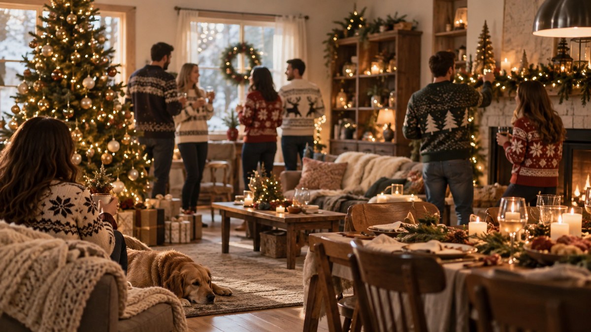 Adults wearing festive knit Christmas sweaters at a casual holiday party.