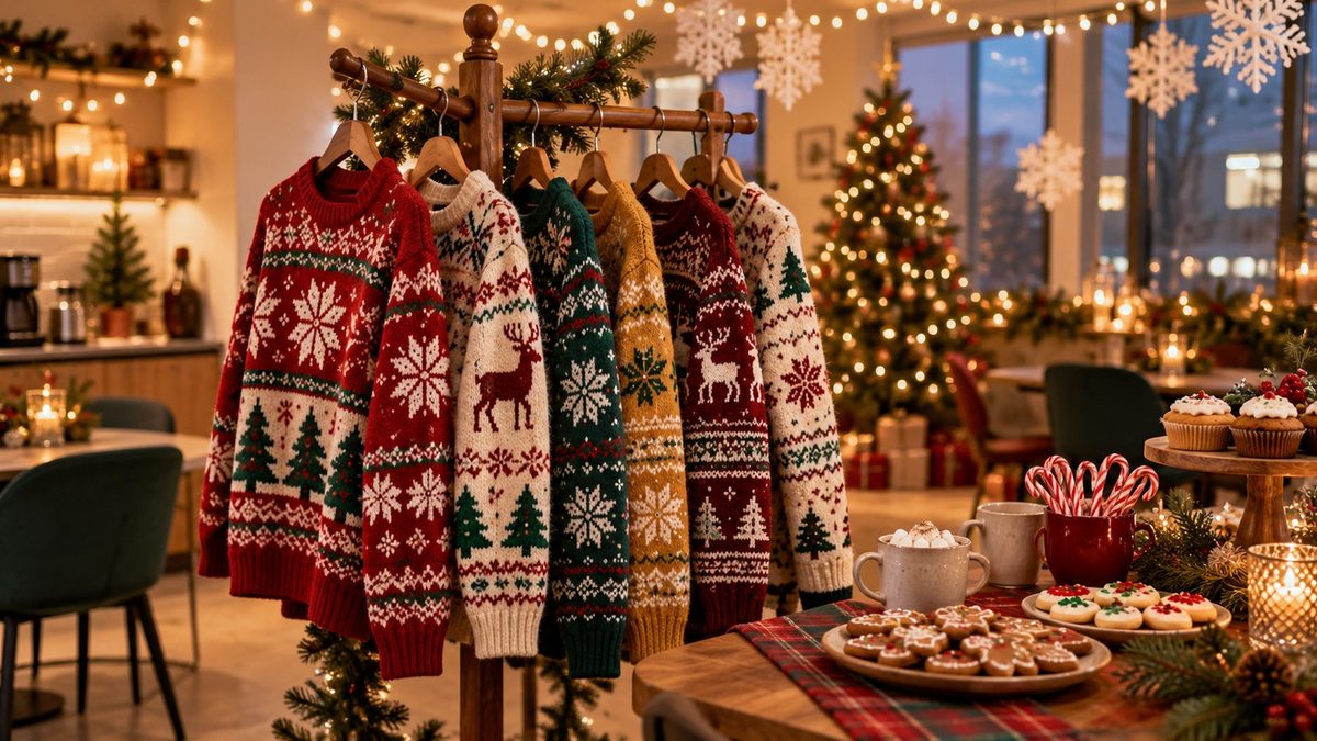 Colorful knit Christmas sweaters hanging on a coat rack in an office break room decorated for the holidays
