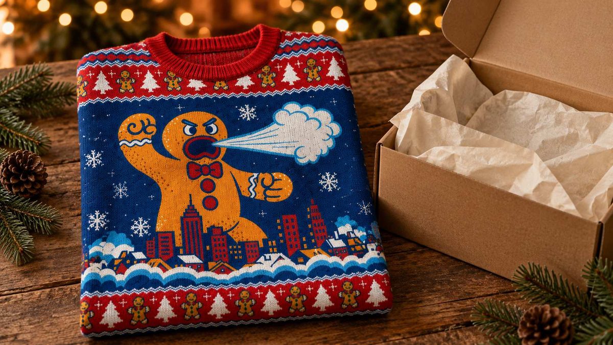 Blue and red knit ugly Christmas sweater with a giant gingerbread man over a city skyline, folded on a wooden table next to a plain kraft box.