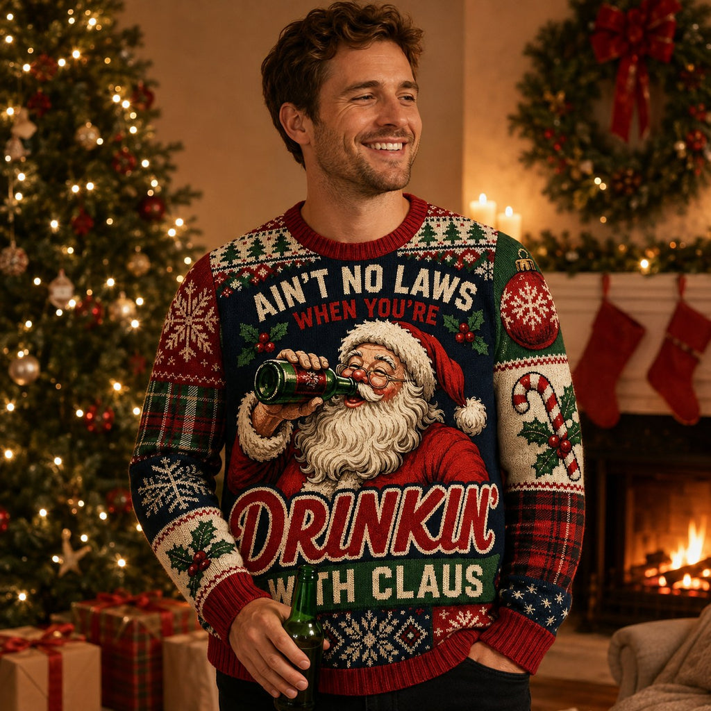man wearing an ugly christmas sweater with santa claus and the quote