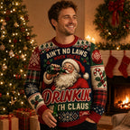 man wearing an ugly christmas sweater with santa claus and the quote