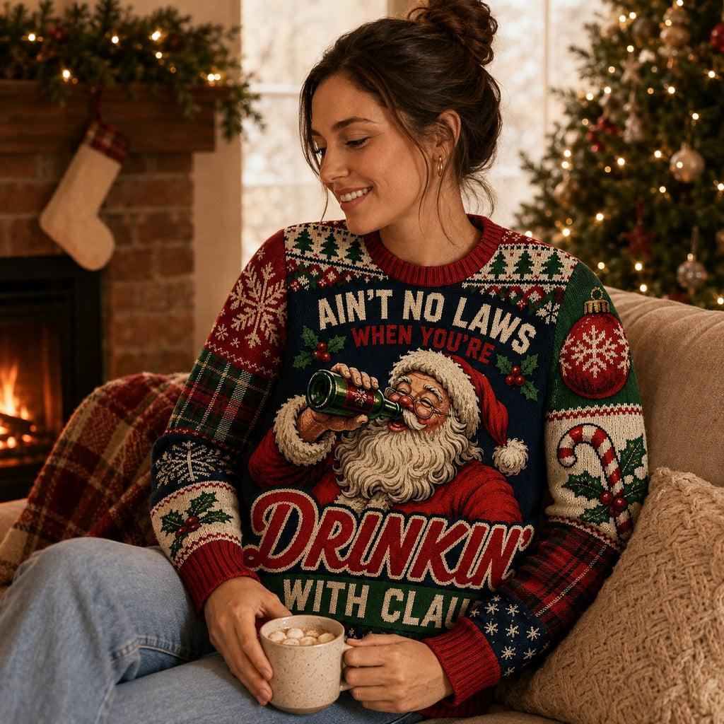 woman on a couch in a funny santa claus ugly christmas sweater