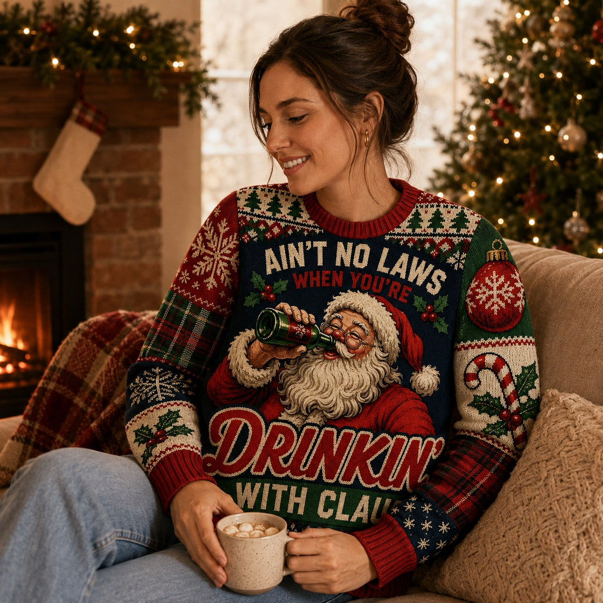 woman on a couch in a funny santa claus ugly christmas sweater