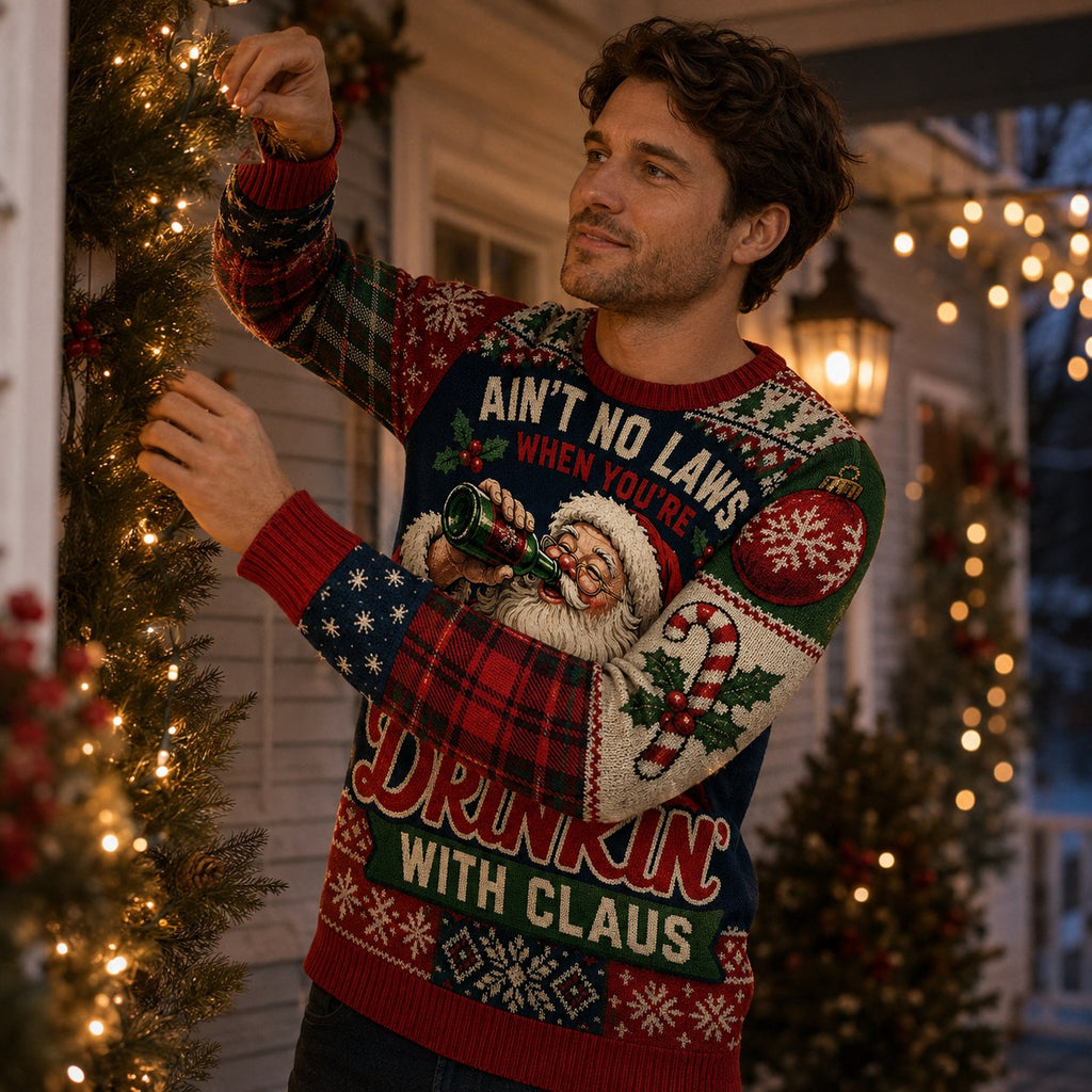 man decorating a porch wearing an ain't no laws when you're drinkin'