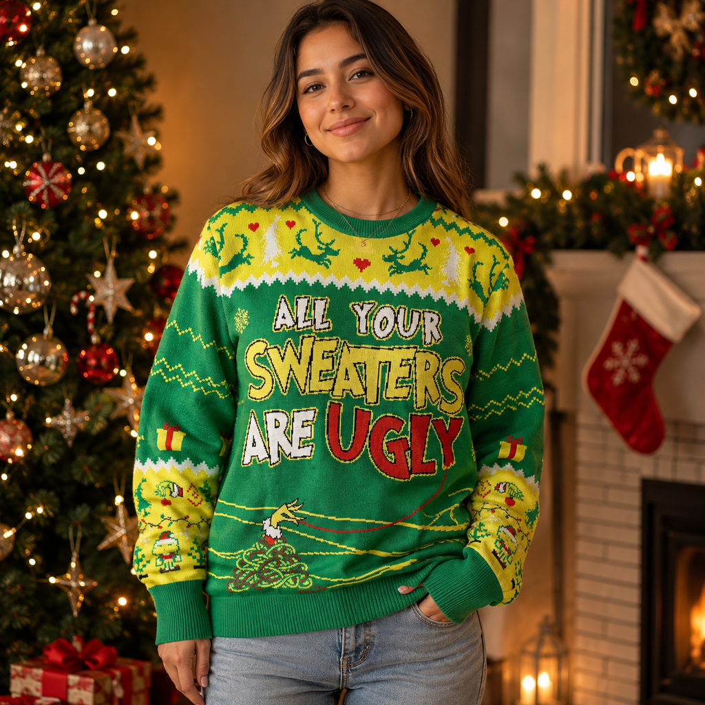 front view of a green and yellow All Your Sweaters Are Ugly