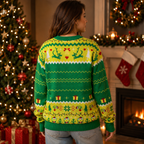 back view of the green and yellow knit ugly christmas sweater showing