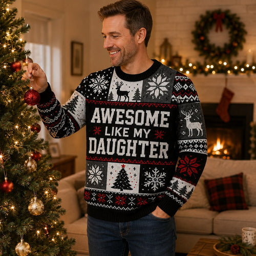 man wearing an ugly christmas sweater with reindeer and snowflakes decorating a