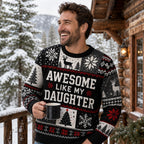 man in an ugly christmas sweater holding a mug on a snowy