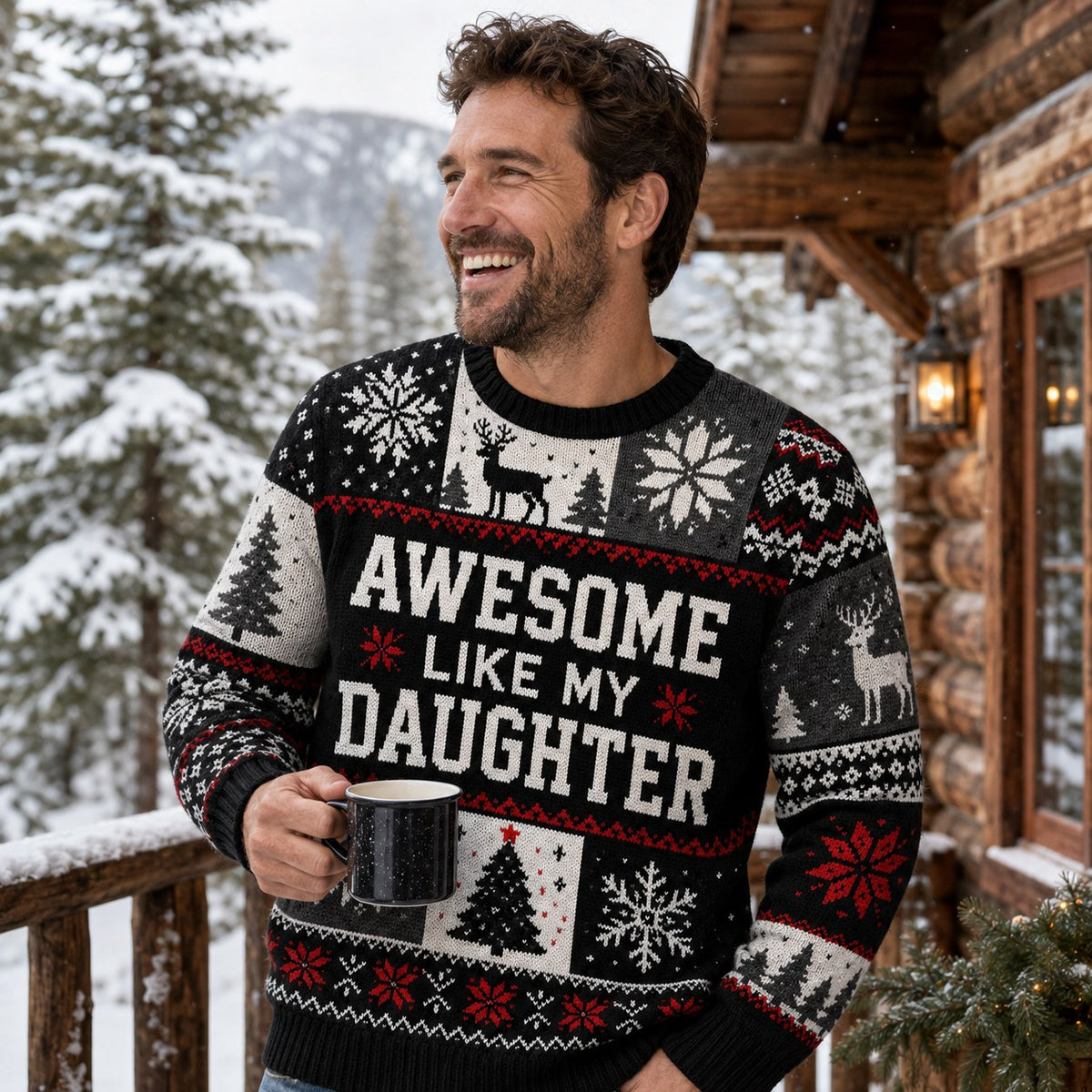 man in an ugly christmas sweater holding a mug on a snowy