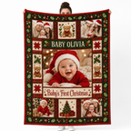 person holding a christmas photo blanket with baby's first christmas collage