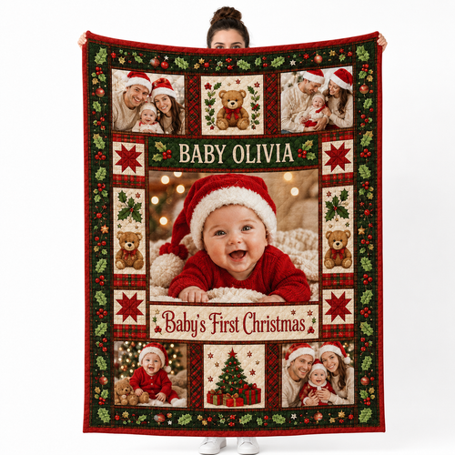 person holding a christmas photo blanket with baby's first christmas collage