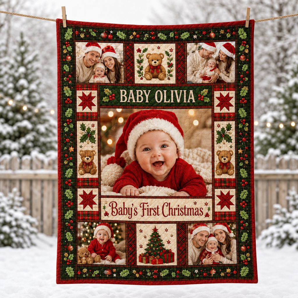 christmas throw blanket hanging on a line in a snowy yard