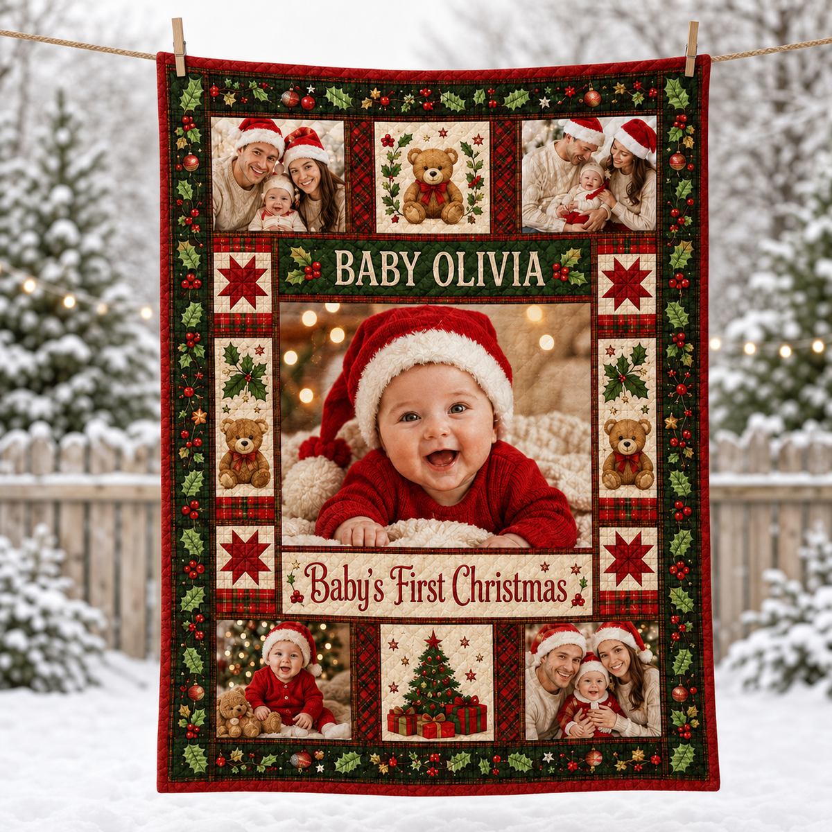 christmas throw blanket hanging on a line in a snowy yard