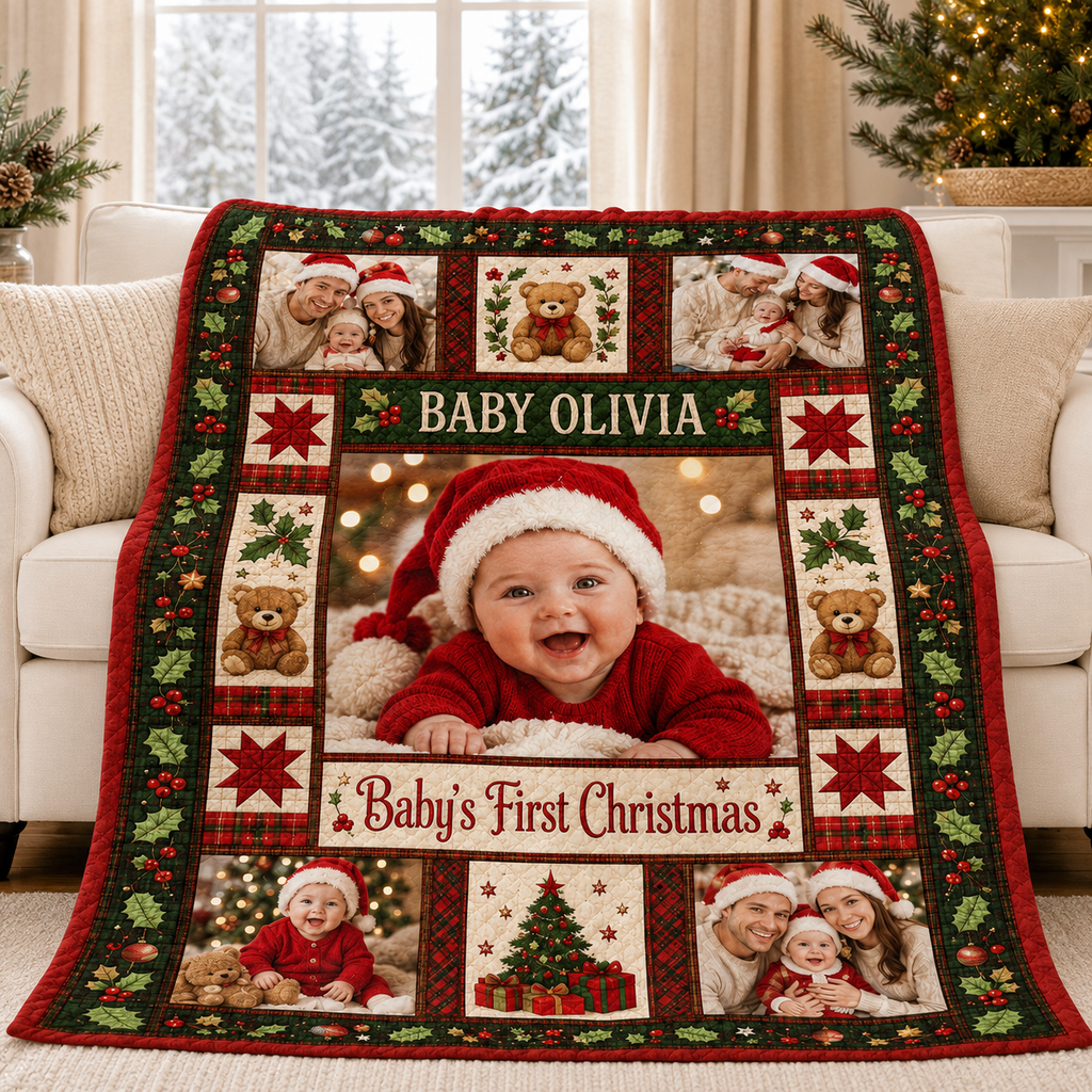 photo blanket draped over a white couch beside a christmas tree