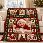 photo blanket draped over a white couch beside a christmas tree