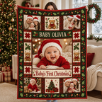 woman holding a personalized christmas photo blanket indoors