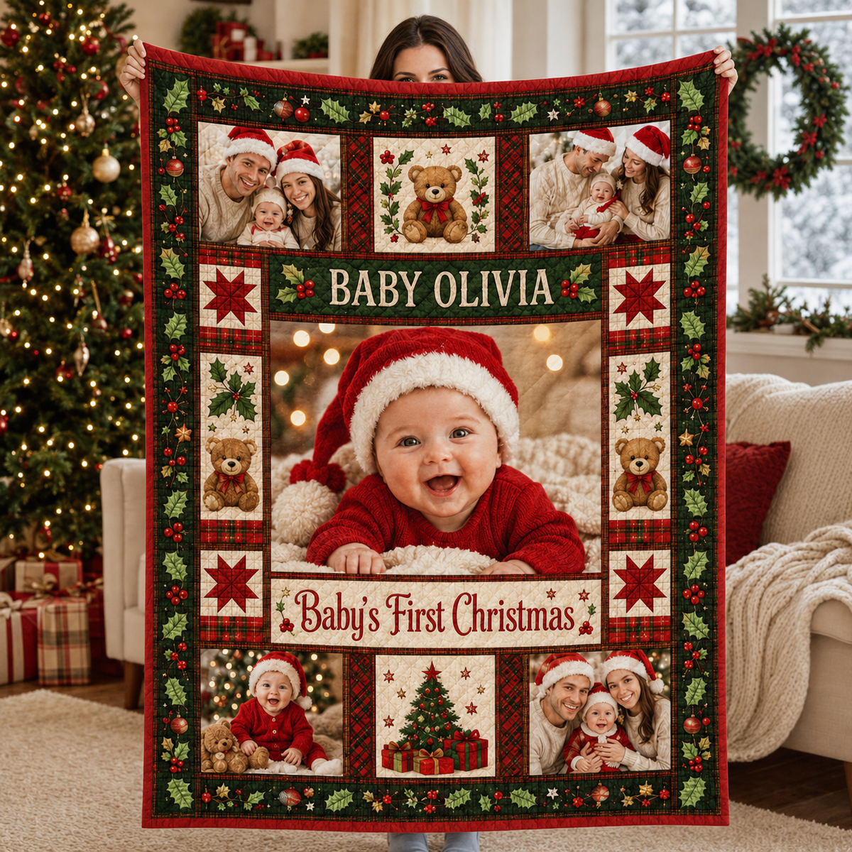 woman holding a personalized christmas photo blanket indoors