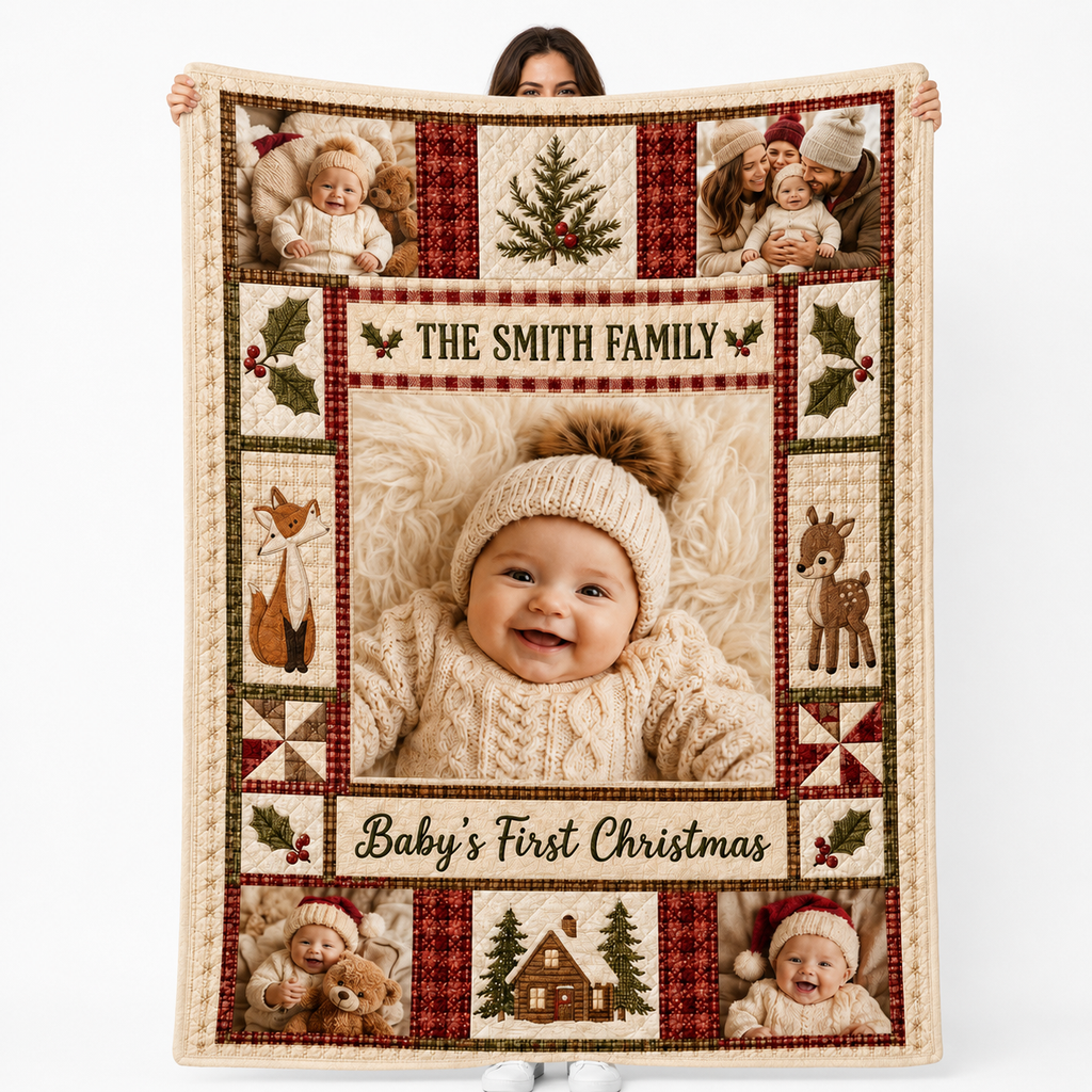 custom photo blanket with baby's first christmas patchwork design and family name