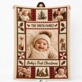 custom photo blanket with baby's first christmas patchwork design and family name