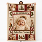 custom photo blanket with baby's first christmas patchwork design and family name