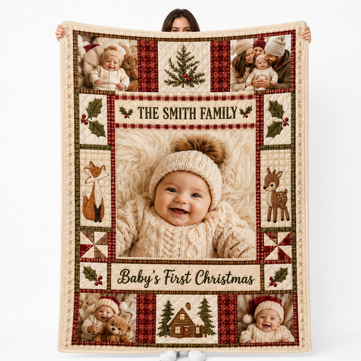 custom photo blanket with baby's first christmas patchwork design and family name