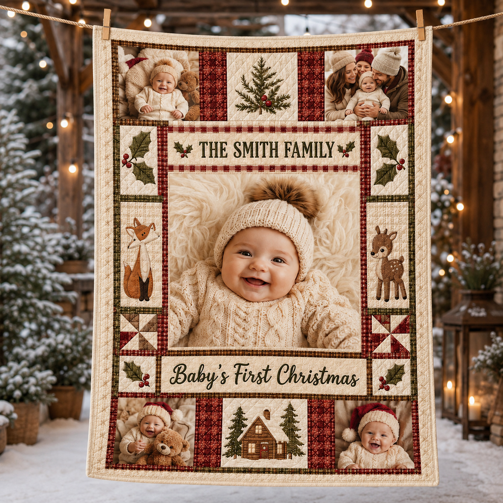 fleece photo blanket hanging against a snowy winter backdrop with a decorated