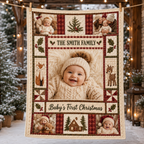 fleece photo blanket hanging against a snowy winter backdrop with a decorated