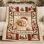 personalized christmas photo throw draped over a white sofa next