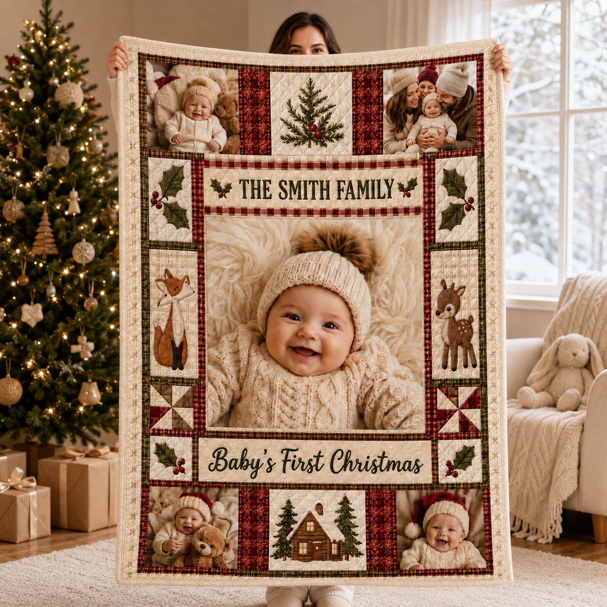 sublimation printed baby's first christmas photo collage blanket styled in a bright
