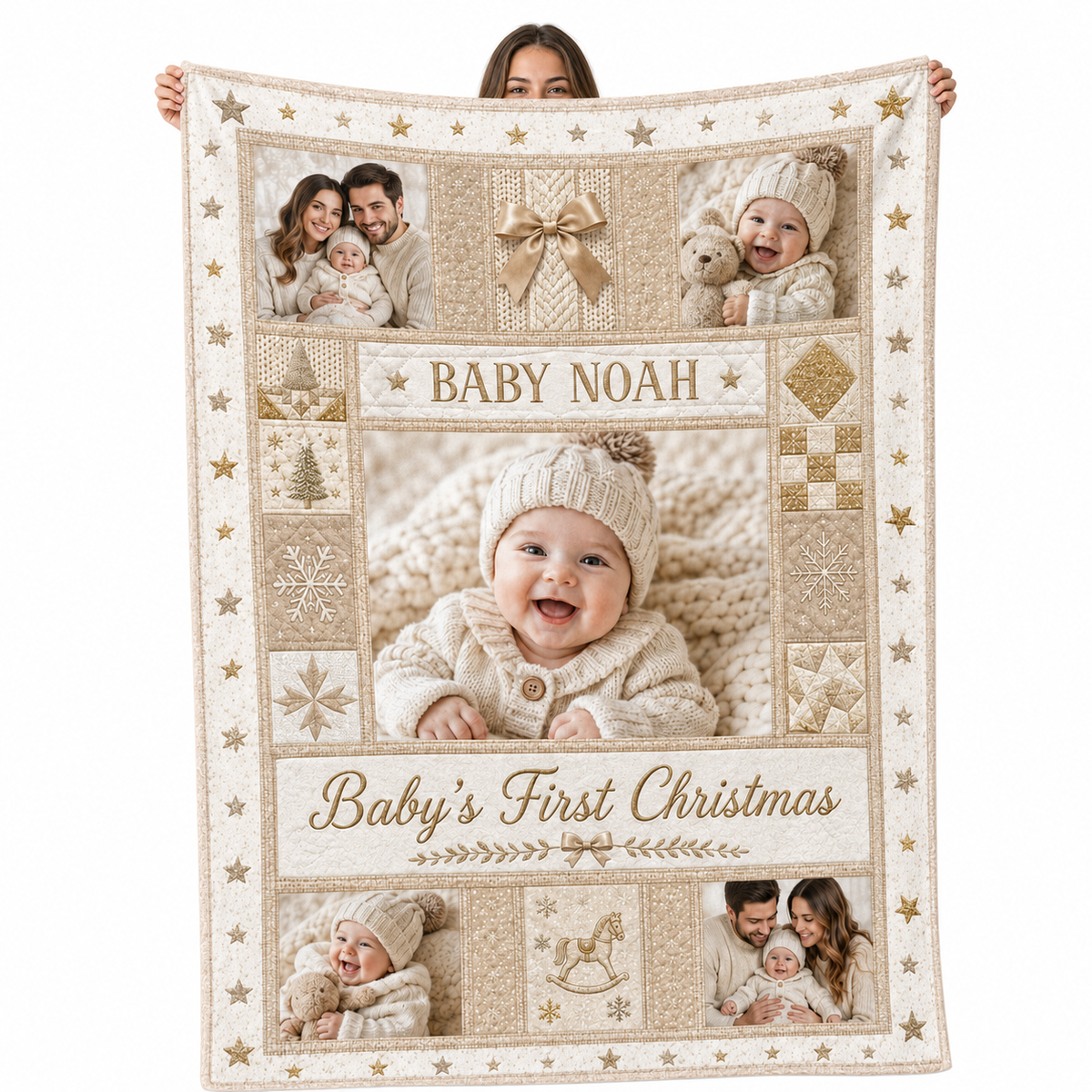 custom baby name babys first christmas photo blanket in cream and gold