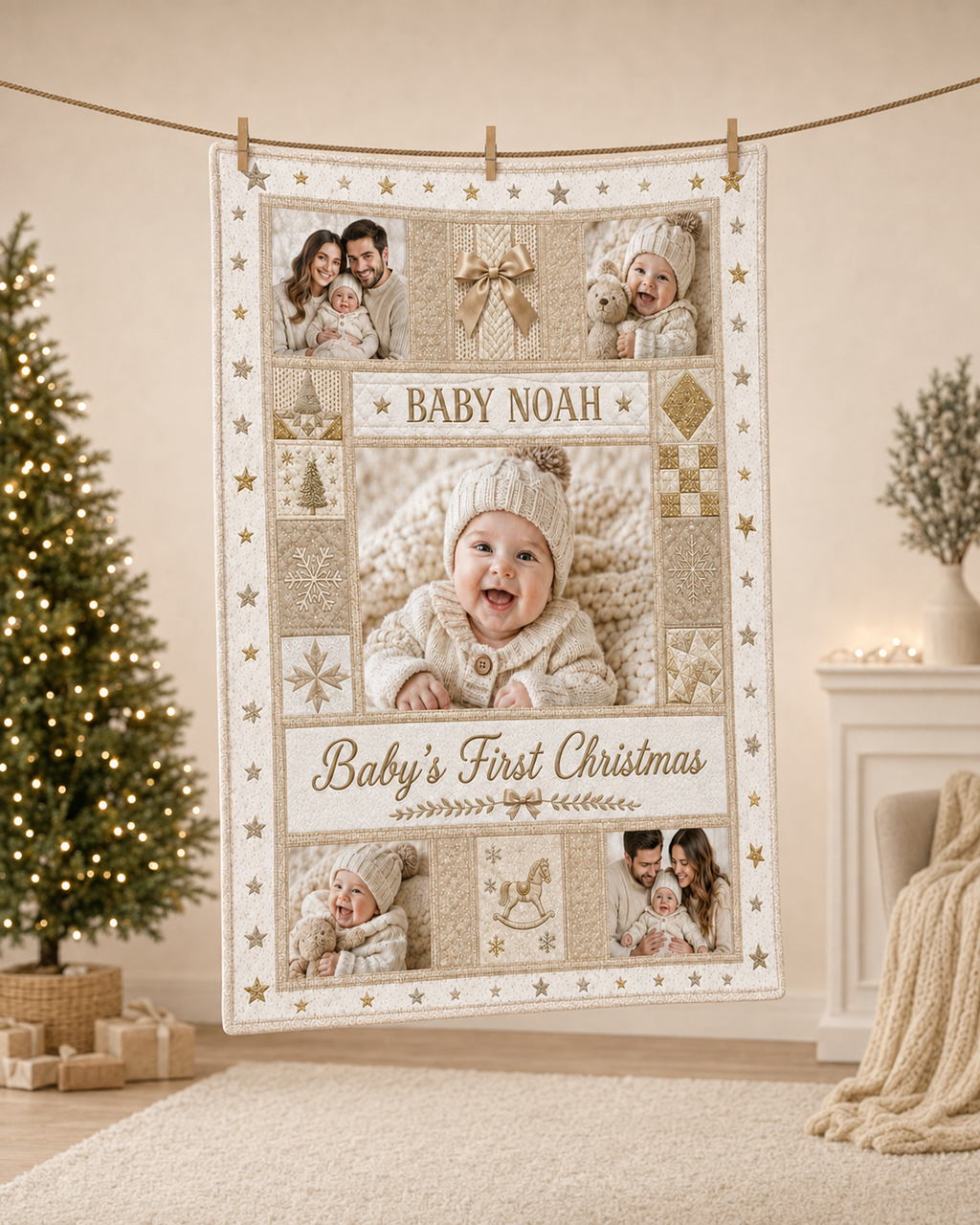 babys first christmas photo blanket hanging against a christmas tree