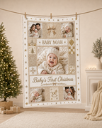 babys first christmas photo blanket hanging against a christmas tree