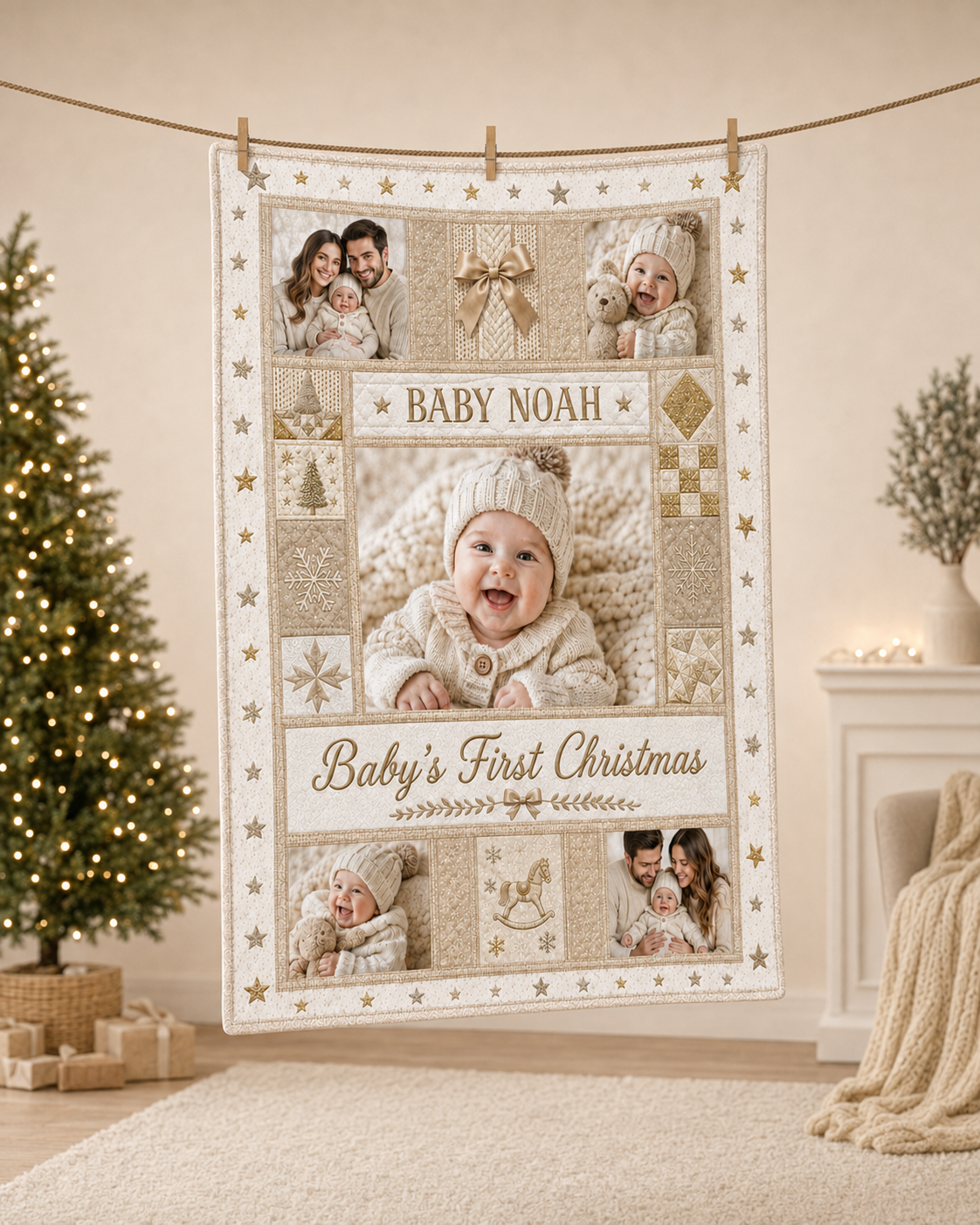 babys first christmas photo blanket hanging against a christmas tree