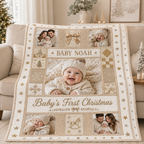babys first christmas photo blanket draped over a beige couch