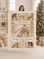custom photo blanket with baby photos held up in a living room
