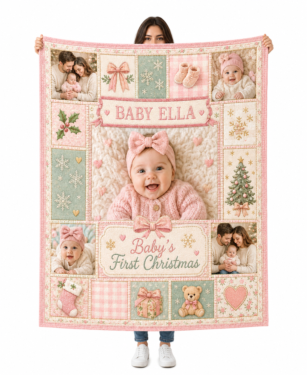 custom photo blanket with baby first christmas layout and name banner