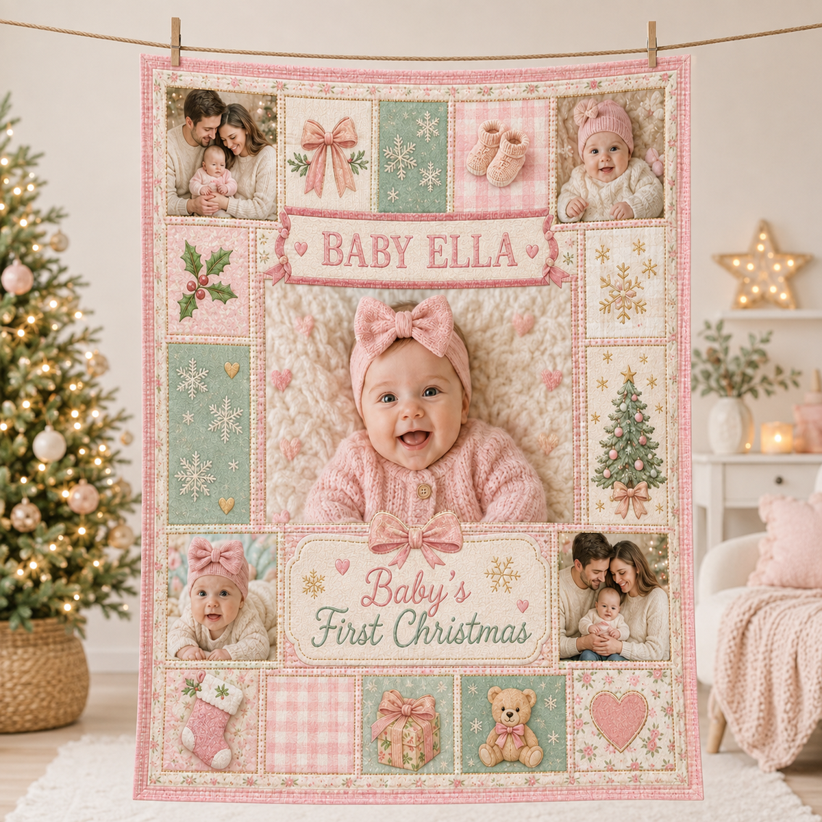 pink and green baby first christmas blanket draped over a couch