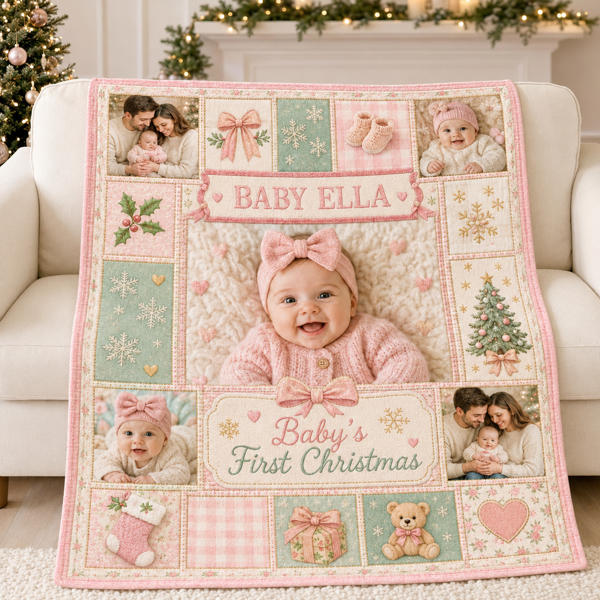 close up of pastel baby first christmas photo throw on chair