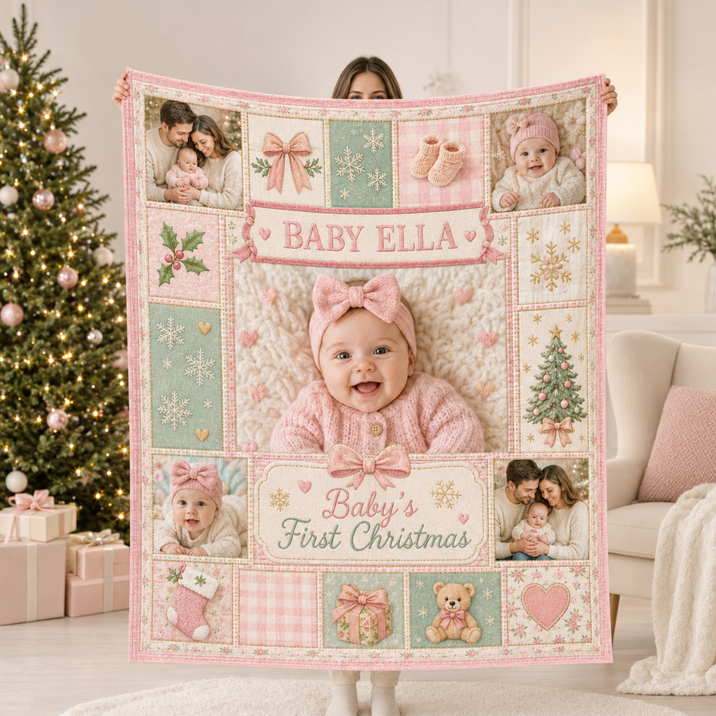 family photo blanket gift displayed with christmas tree in background