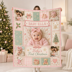 family photo blanket gift displayed with christmas tree in background